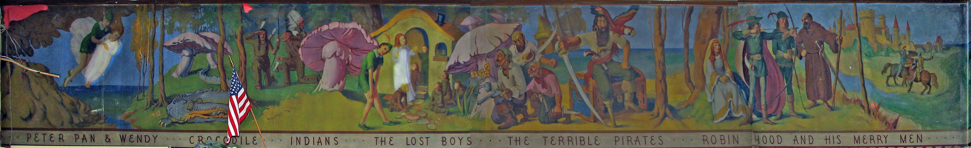 left half of surviving Barber School mural (Peter Pan & Wendy, crocodile, indians, the Lost Boys, the terrible pirates, Robin Hood and his merry men)