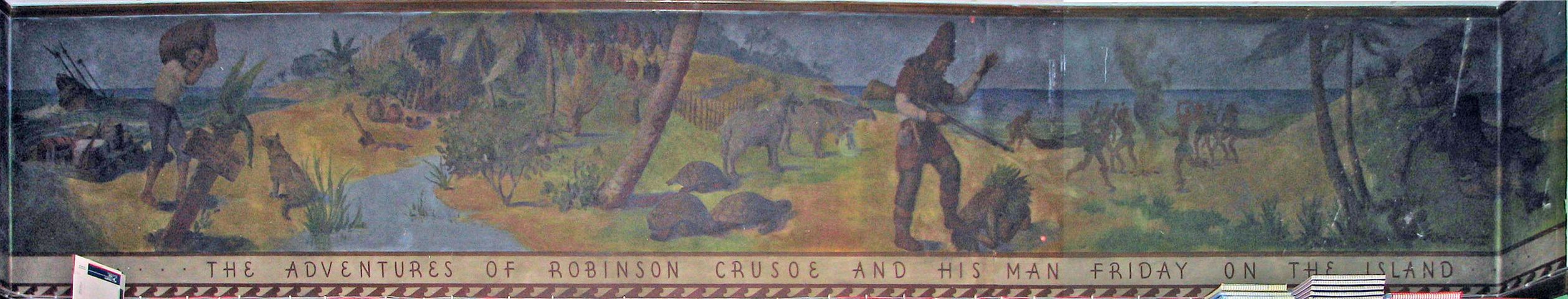 right half of surviving Barber School mural (the adventures of Robinson Crusoe and his man Friday on the island)