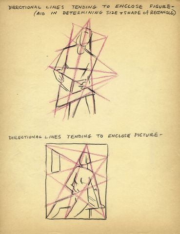 Directional lines tending to enclose figure (aid in determining size & shape of rectangle) [illustration of figure with red lines indicating directional lines]; Directional lines tending to enclose picture [illustration of figure in scene with window, with red lines indicating directional lines]