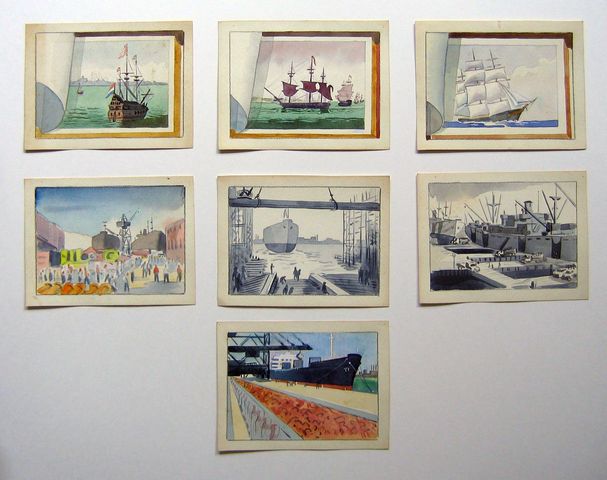 photograph of seven storyboard pages containing watercolor images of old three-mast sailing ships and modern freighters