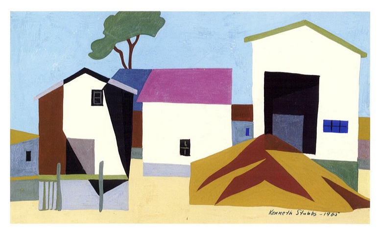 front of postcard: image of 'Shorescape with House and Barn' painting