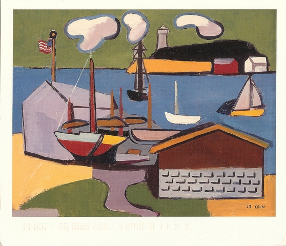 front of postcard: image of 'View from the Marina' painting by Jo Cain