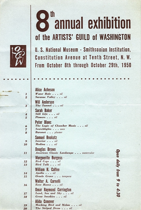 8th Annual Exhibiton of the Artists' Guild of Washington.  U.S. National Museum - Smithsonian Institution, Constitution Avenue at Tenth Street, N.W. From October 8th through October 29th, 1950.  Open daily from 9 to 4:30.  List of exhibited works 1-20.