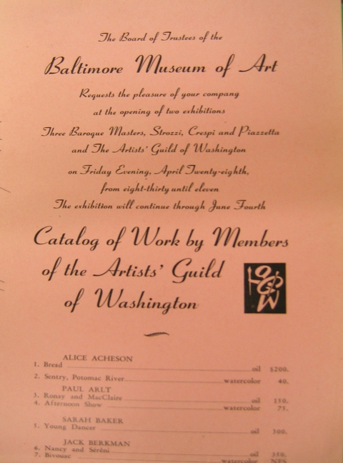 The Board of Trustees of the Baltimore Museum of art requests the pleasure of your company at the opening of two exhibitions: Three Baroque Masters, Strozzi, Crespi and Piazzetta and the Artists' Guild of Washington on Friday evening, April Twenty-eighth, from eight-thirty until eleven.  The exhibition will continue through June Fourth.  Catalog of works by Members of the Artists' Guild of Washington.  List of works 1-7.