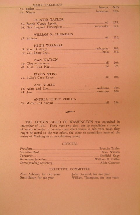 List of exhibited works 53-65.  Description of Artists' Guild of Washington, list of Officers and Executive Committee.