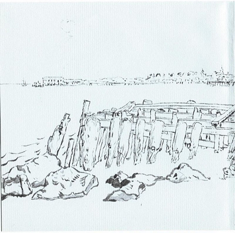 Invitation inside left: left portion of 1959 Japanese ink drawing, Old Wharf