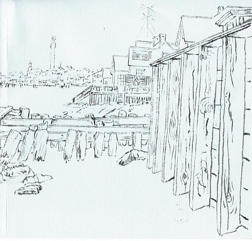 Invitation inside right: right portion of 1959 Japanese ink drawing, Old Wharf