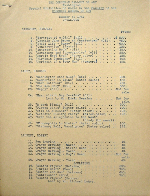 The Corcoran Gallery of Art, Washington. Special Exhibition of Works by the Faculty of the Corcoran School of Art. Summer of 1941. Catalogue.  List of works by Nicolai Cikovsky, Richard Lahey and Robert Laurent.