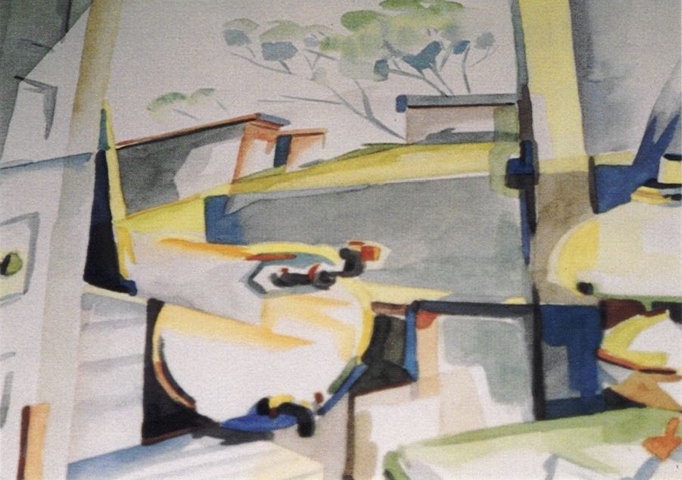 front of postcard: detail from watercolor 'View Out'