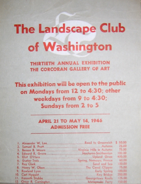 The Landscape Club of Washington Thirtieth Annual Exhibition. The Corcoran Gallery of Art.  This exhibition will be open to the public on Mondays from 12 to 4:30; other weekdays from 9 to 4:30; Sundays from 2 to 5.  April 21 to May 14, 1946. Admission Free.  List of first twelve items exhibited including #11, Kenneth Stubbs, Georgetown Roofs