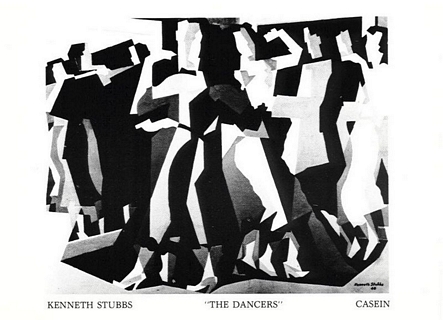 Front of postcard: black-and-white image of painting, Kenneth Stubbs -- The Dancers -- Casein