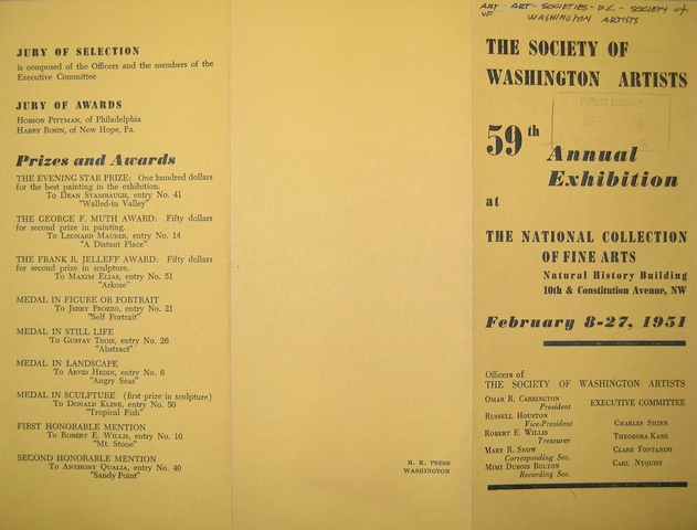 The Society of Washington Artists.  59th Annual Exhibition at the National Collection of Fine Arts, Natural History Building, 10th & Constitution Avenue, NW.  February 8-27, 1951