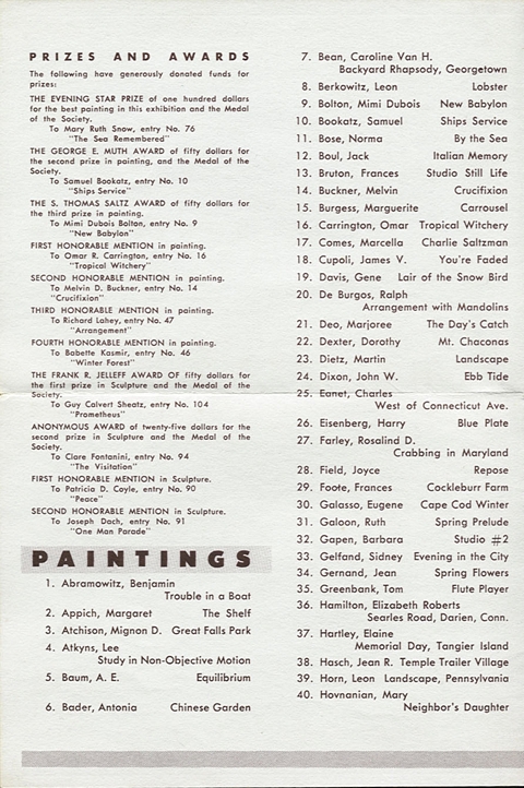 List of prizes and awards.  First half of list of paintings exhibited (1-40).