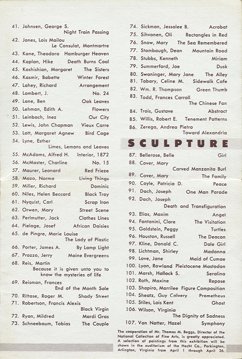 Second half of list of paintings exhibited (41-86), including 78. 'Miriam' by Kenneth Stubbs.  List of sculptures exhibited (87-107)