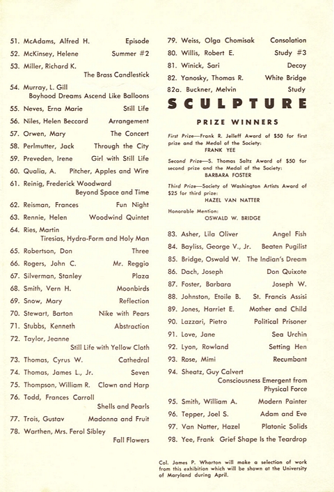 Second section of list of paintings exhibited (51-82a) including #71: Kenneth Stubbs, Abstraction.  List of sculptures exhibited (83-98) and prize winners.