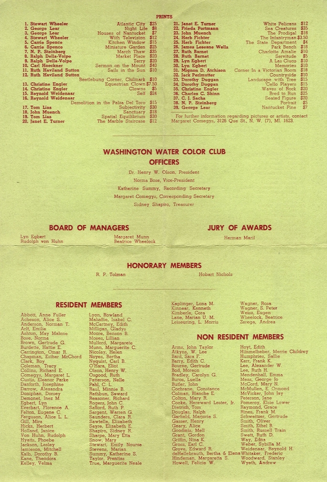 List of 39 prints.  List of officers, board of managers, jury of awards, honorary members, resident members, and non-resident members.
