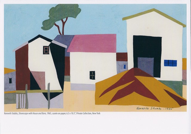 front of postcard: image of 'Shoresape with House and Barn' painting. Text: Kenneth Stubbs, Shorescape with House and Barn, 1965, casein on paper, 6.5 x 10.5, Private Collection, New York